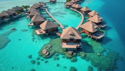 Aerial view shows many thatched roof bungalows on stilts over clear blue ocean water. Wooden walkways connect resort huts in paradise island lagoon. Tropical destination offers luxury vacation
