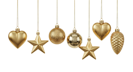Golden Christmas Ornaments in Various Shapes Hanging on White Background