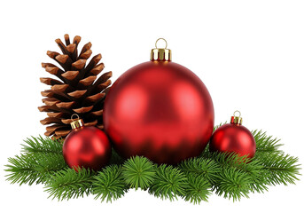 Christmas Ornament and Pinecone Arrangement with Greenery on White Background