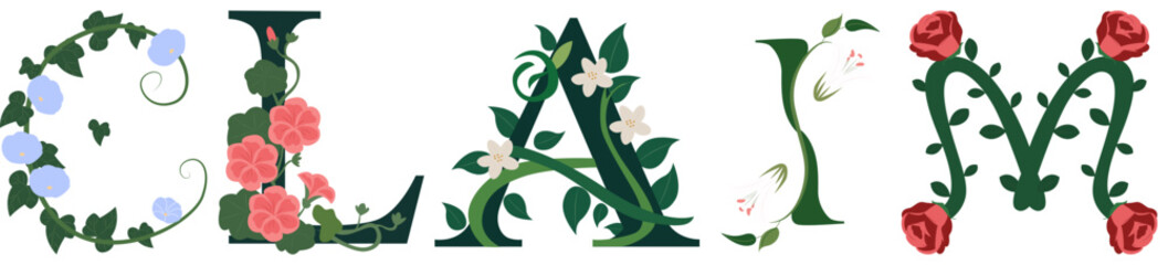 CLAIM, Floral Alphabet Vector Print Art