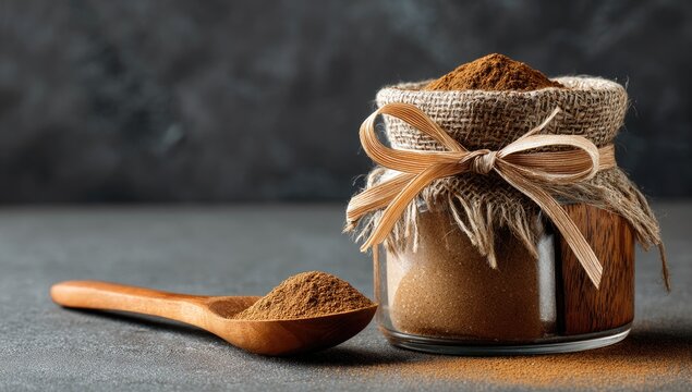 Cinnamon in jar with bow, wooden spoon on gray surface - Powered by Adobe