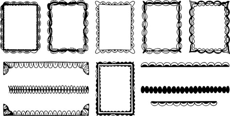 Collection of hand drawn decorative borders and frames in a sketchy black and white style