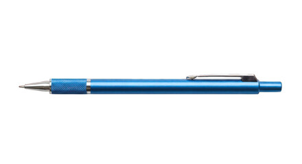Blue metal pen centered on a black background, shiny and sleek design