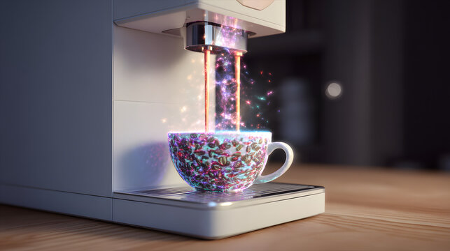 Magical coffee Machine: A futuristic coffee machine dispenses a stream of shimmering, colorful energy, filling a whimsical, patterned teacup with a radiant glow. - Powered by Adobe
