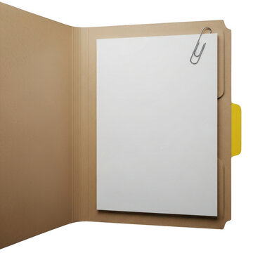 Open manila folder with blank white paper and paperclip isolated on transparent background