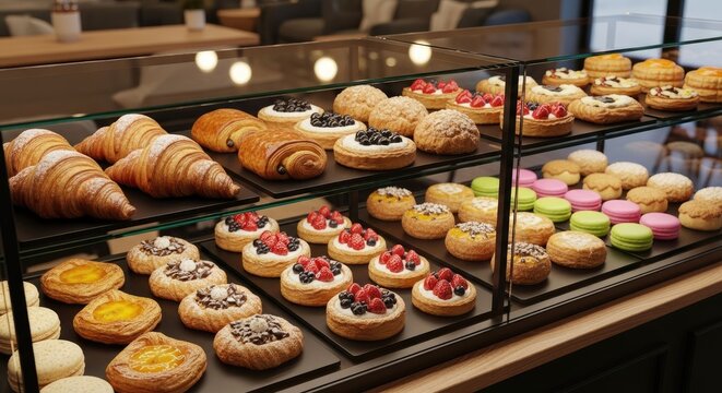 Assortment of delicious pastries and sweet treats displayed in a bakery case