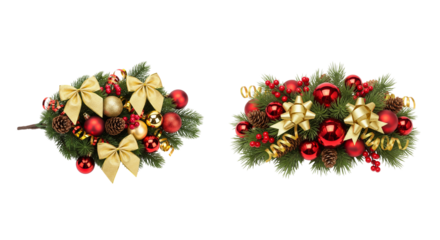 Christmas Pine Decorations with Gold Poinsettias, Baubles, and Red Berries