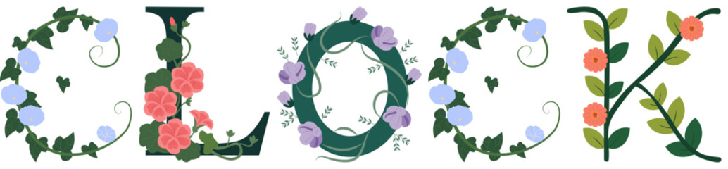 CLOCK, Modern Floral Alphabet Vector Design