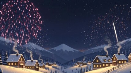 Winter village scene at night with fireworks above snowcovered houses Mountains visible in the background - Powered by Adobe