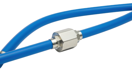 Blue tubing connected by metal fitting on dark background, close-up shot