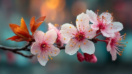 Vibrant Spring Blossoms with Fresh Dew Drops on a Branch