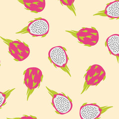 Seamless Dragon Fruit Pattern. Tropical fruits background. Tropical exotic fruit illustration perfect for fabric, wrapping paper, and packaging