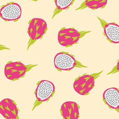 Vector Seamless Pattern of Hand Drawn Colored Dragon Fruit Doodles. Dragon Fruit background Ideal for summer, organic food, and healthy lifestyle projects.