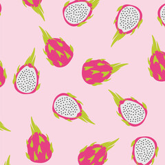 Vector Seamless Pattern of Hand Drawn Colored Dragon Fruit Doodles. Dragon Fruit background Ideal for summer, organic food, and healthy lifestyle projects.