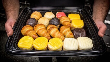 Hands holding tray of assorted sweet pastries, freshly baked