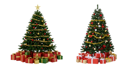 Two Decorated Christmas Trees with Presents and Star Toppers