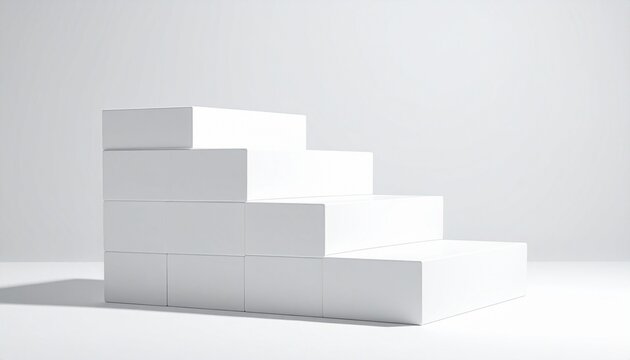Prompt: "Abstract white staircase made of rectangular blocks in a minimalist setting, sharp geometric composition with clean edges"