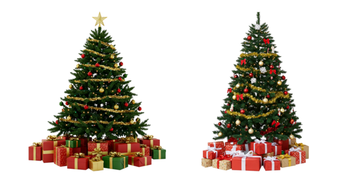 Two Decorated Christmas Trees with Presents and Star Toppers