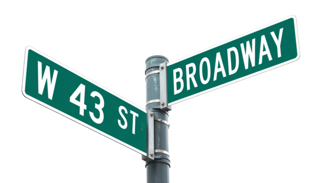 Iconic New York street signs W 43rd Street and Broadway intersection