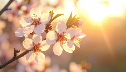Close up macro shot of delicate white almond blossoms bathed in warm golden sunset light with blurred bokeh background