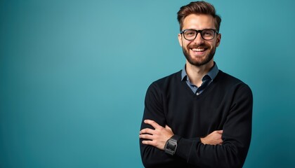 Bearded man with glasses wears navy sweater and blue shirt. He smiles confidently with crossed arms against a teal background. Smart casual style conveys positive vibes.
