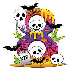 Vibrant Halloween Number Eight Vector with Ghost, Skulls, spiderweb and bat.