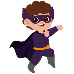 Excited Young Boy Dressed As A Superhero With A Purple Cape And Mask In A Dynamic Pose Against A White Background Ready For Action