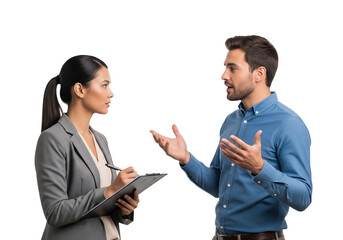 Professional Interview or Discussion Between Two Individuals on White Background