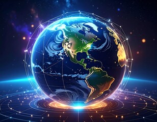 Obraz premium Illuminated globe surrounded by network in a vibrant cosmic scene