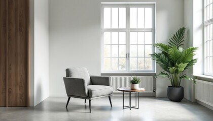 Fototapeta premium Minimalist room with grey armchair, round table, large plant. Natural light streams through tall windows, creating peaceful workspace. Elegant wood door adds warmth. Modern interior offers comfort,