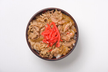 食堂の牛丼（俯瞰写真）