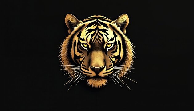 Golden tiger illustration against black background. Graphic art of a majestic big cat head. Symbol of strength power and wild nature in design.