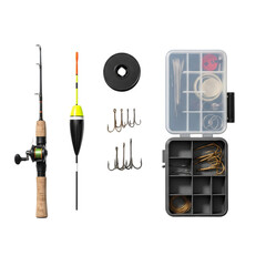Organized Fishing Gear Set with Rod, Hooks, Float, and Tackle Boxes