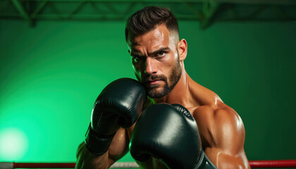 Muscular man boxer with gloves poses intensely on green background. He trains hard for fight. Ready for boxing match. Healthy active lifestyle.