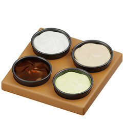 Four Small Bowls Of Assorted Dips And Sauces Arranged On A Wooden Tray With A Transparent Background