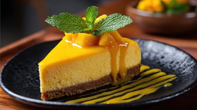 Mango cheesecake slice topped with mint leaves on a black plate. Use this image for a dessert menu or bakery advertisements online.