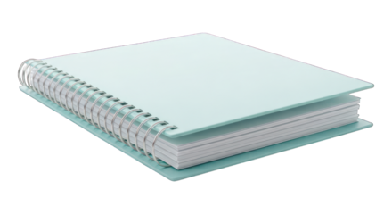 Closed, spiral-bound notebook with light blue cover and white paper pages