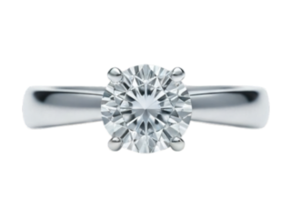 Classic solitaire diamond ring, silver band, four prong setting, brilliant cut