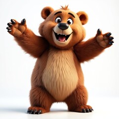 Fototapeta premium Brown furry 3D cartoon bear smiles with open arms, welcoming. Happy animal character shows teeth, tongue, standing on white background. Adorable mascot cheerful, inviting, ready for hug. Funny