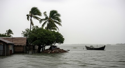 Flooded village with palm trees and a boat during monsoon season