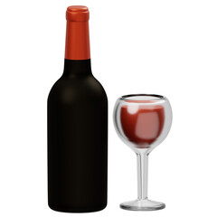 Full Bottle of Dark Red Wine With A Glass Filled With Wine Beside It And Transparent Background