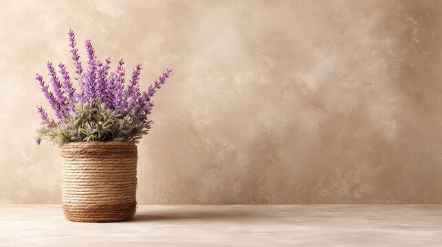 Fototapeta Elegant lavender plant in natural woven basket against a soft, textured beige background for home decor and relaxation themes