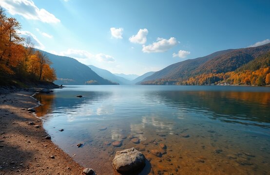 Scenic photo of lake in autumn. Mountain range surrounds calm water. Trees display colorful foliage on shore. Idyllic nature landscape with sky and clouds.