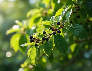 Hackberry tree branch with green leaves and small dark berries. Unripe fruits on twig against blurred sunny background. Nature plant detail.