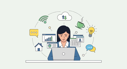 Illustration of a woman working on a laptop surrounded by business, technology, and communication icons