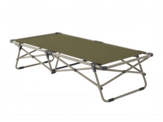 Foldable camping cot with olive green fabric and beige metal frame transparent background portable
