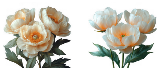 Two delicate bouquets of pale yellow peonies with green leaves, isolated on transparent background