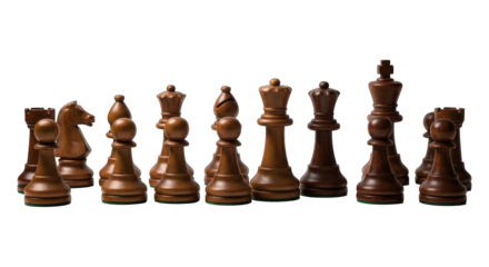 Dark wooden chess pieces arranged in a line, against a black background