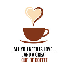 Coffee cup with heart shaped steam and text saucer