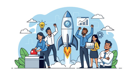 People celebrate as a rocket launches, symbolizing business growth and innovation